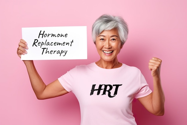 A woman in a pink shirt with logo hrt holding a sign with text hormone replacement therapy for