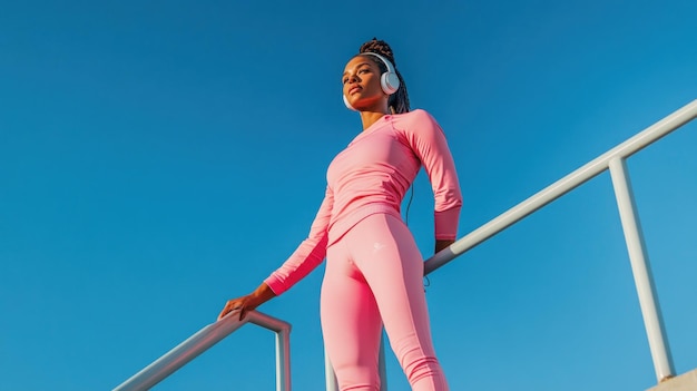 Photo woman in pink sportswear looking up and leaning on a railing with a clear blue sky in the background