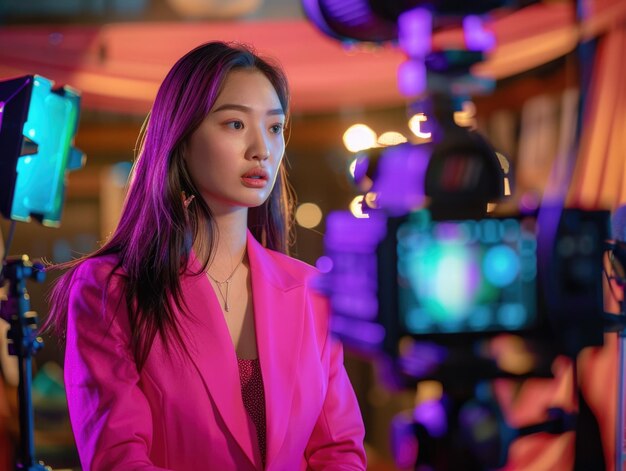 Woman in Pink Suit by Camera