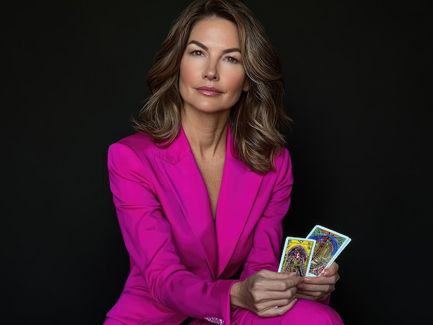 Photo a woman in a pink suit holds cards and cards