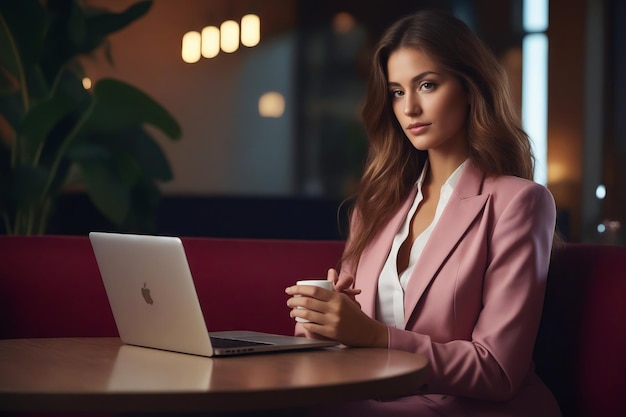 Woman in pink suit is holding cup and looking at laptop Generative AI