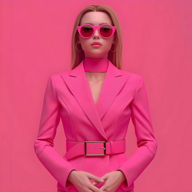 Photo a woman in a pink suit and pink sunglasses is posing for a photo