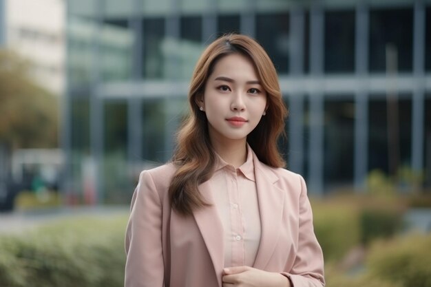 A woman in a pink suit stands in front of a building.