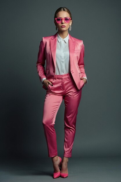 Photo a woman in a pink suit stands in front of a gray wall