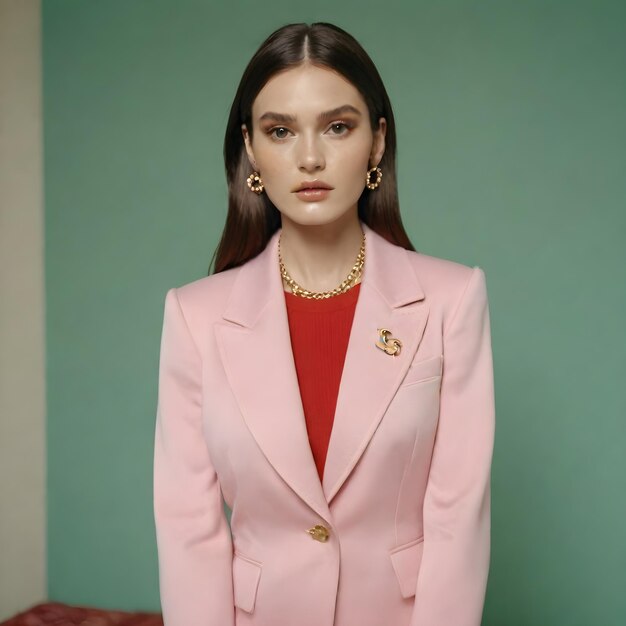 Photo a woman in a pink suit stands in front of a green wall