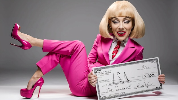 Photo a woman in a pink suit with a cheque for 1 00