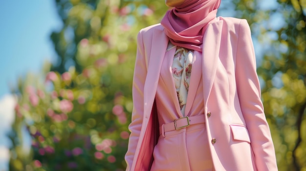 Woman in Pink Suit with Floral Blouse