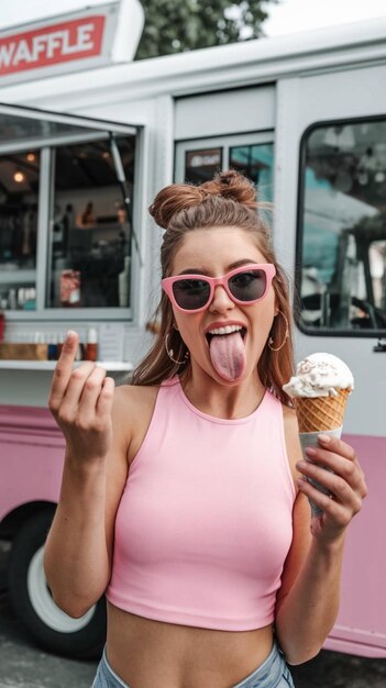 Photo a woman in pink sunglasses is eating an ice cream cone