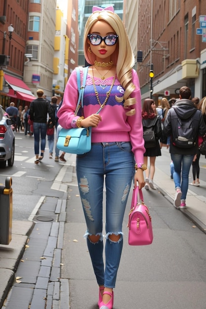 a woman in a pink sweater and jeans with a pink bag.