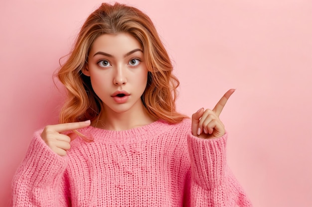 Photo a woman in a pink sweater pointing at the camera