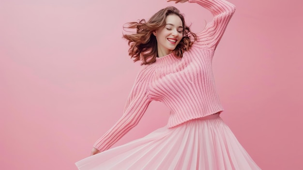 Photo a woman in a pink sweater and skirt is dancing and smiling