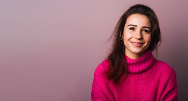 Photo a woman in a pink sweater smiles at the camera copy space