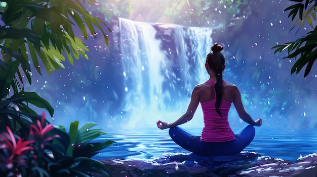 A woman in a pink tank top and blue pants is meditating in a yoga pose in front of a waterfall