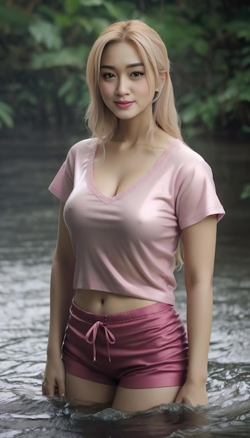 A woman in a pink top and pink skirt stands in front of a river