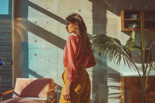 Photo a woman in a pink top stands in front of a wall with a plant in the corner