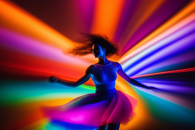 A woman in a pink tutu dancing in a neon light.