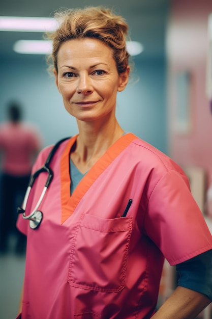 A woman in pink uniform stands in a hospital hallway.