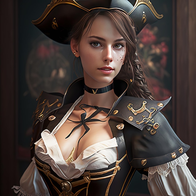 A woman in a pirate outfit with a hat and a bow.