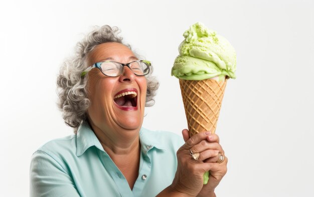 Photo woman pistachio cone on white background