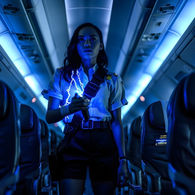 Photo a woman in a plane with a blue light on her face