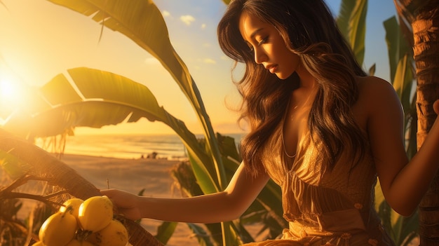 A woman on a plantation among palm trees picks bananas at sunset