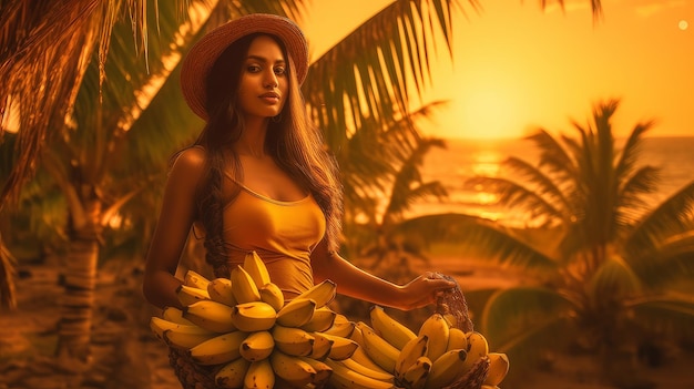 A woman on a plantation among palm trees picks bananas at sunset