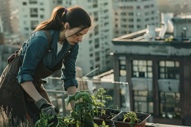 Photo woman planting container on rooftop garden