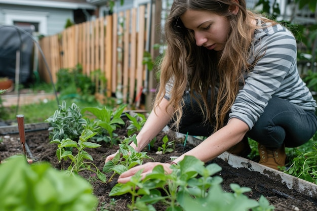 woman planting herbs or vegetables in a small backyard garden ai generated