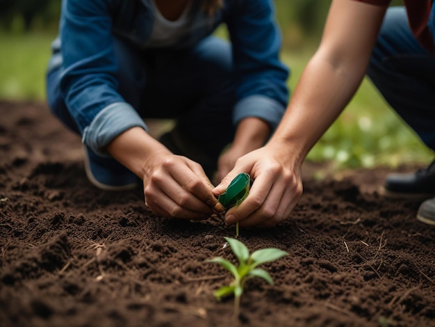 a woman planting a plant in the ground