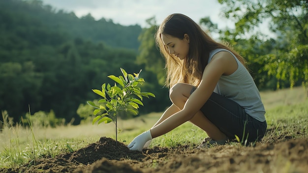 Photo a woman plants a young tree in a field