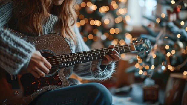 Woman Playing Acoustic Guitar in Cozy ChristmasThemed Setting with Bokeh Lights