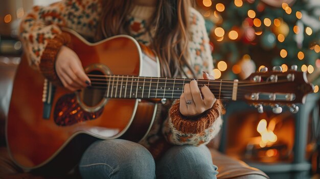 Woman Playing Acoustic Guitar Cozy Winter Scene with Christmas Lights and Fireplace