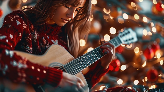 Woman Playing Acoustic Guitar Near Christmas Tree with Festive Lights and Decorations