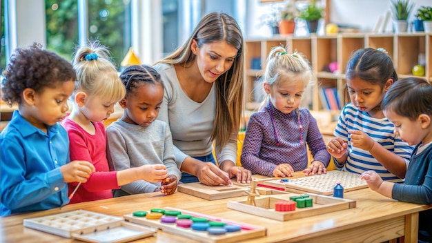 a woman playing a board game with four children playing with a keyboard