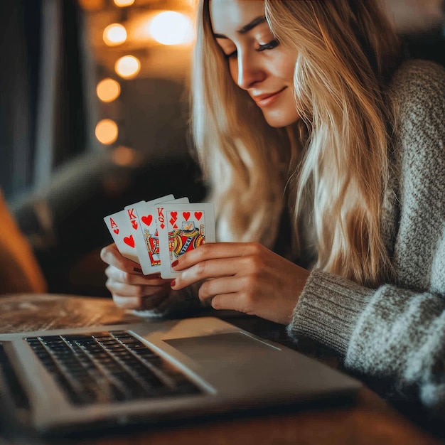 Photo a woman playing cards with a laptop and a laptop