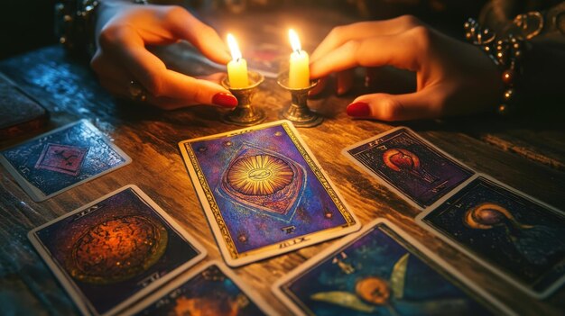 Photo a woman playing cards with lit candles and a card that says  no one