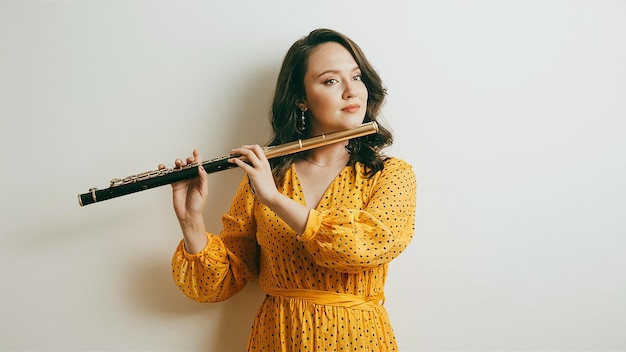 a woman playing a flute with a yellow dress on