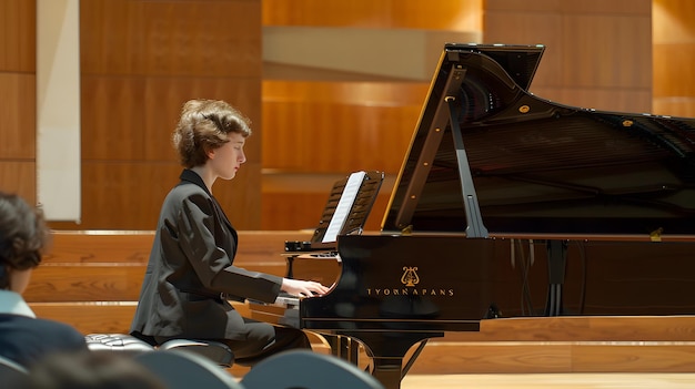 a woman playing a grand piano in a church with a large wooden wall behind her