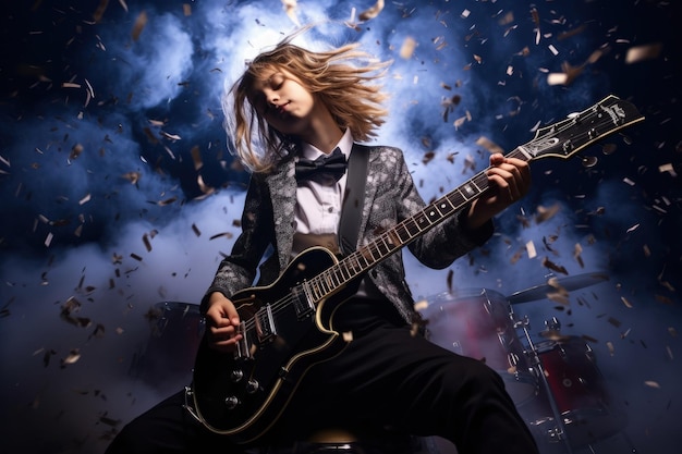 A woman playing a guitar in front of a lot of confetti