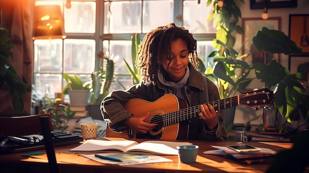 Photo a woman playing a guitar in front of a window