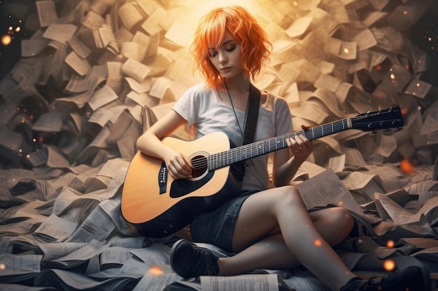 A woman playing a guitar in a pile of papers.