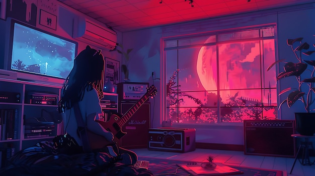 Woman Playing Guitar in a Room with a Red Moon View