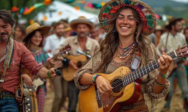 a woman playing a guitar with a band on her head