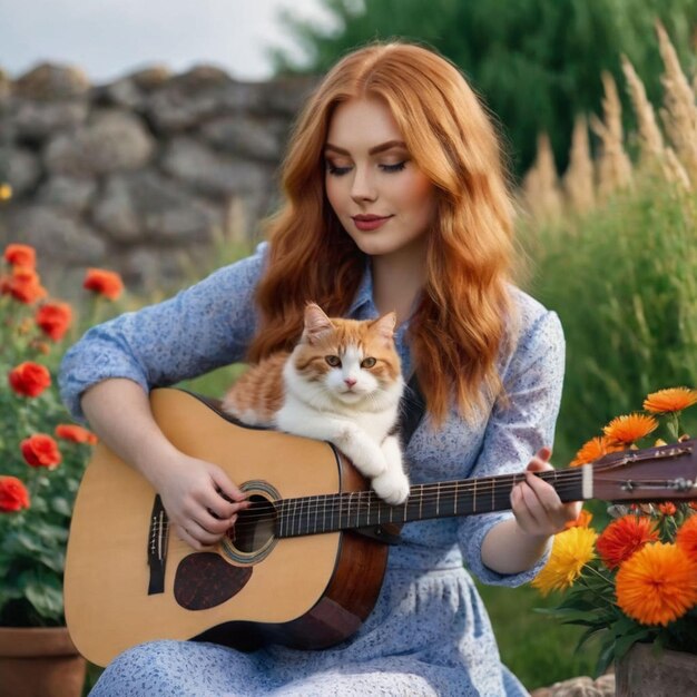 a woman playing a guitar with a cat on her shoulder