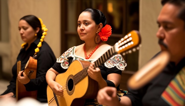 a woman playing a guitar with a flower on her shirt