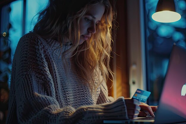 Woman playing laptop and hold a credit card