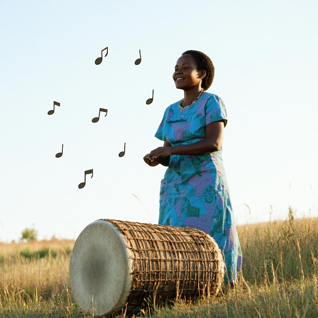 a woman playing music with a drum and a string that says  music