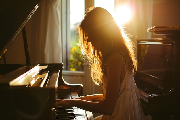 Woman Playing Piano by Window