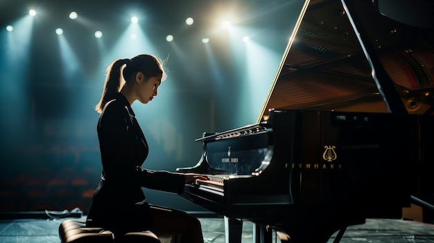 Woman playing the piano at an orchestra performance