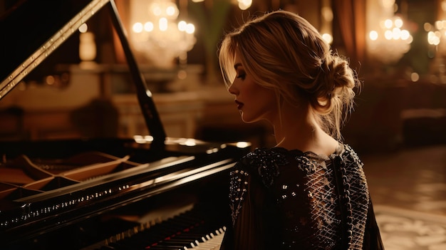 woman playing a piano with a beautiful dress on the back